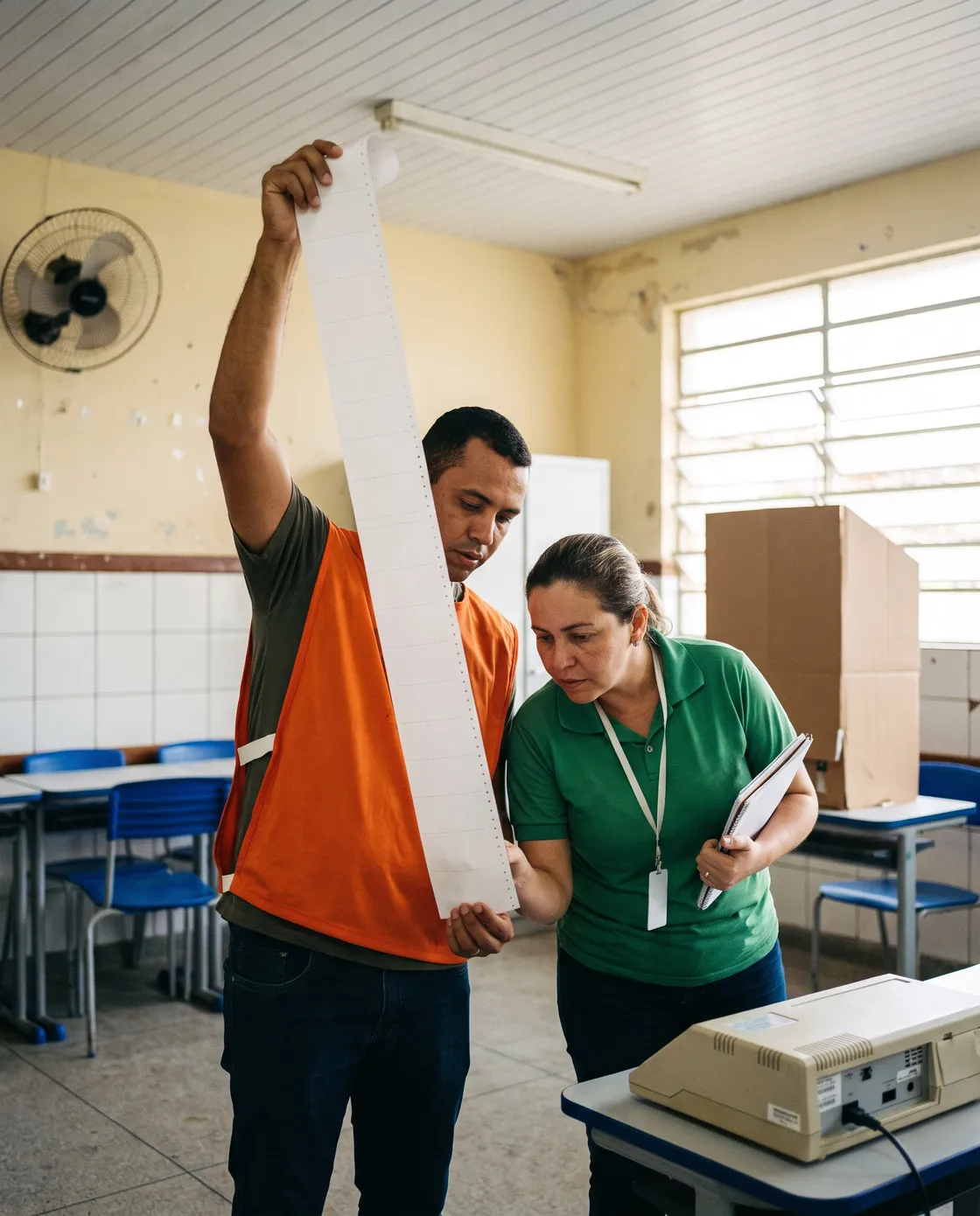 Fiscal confere a zerésima impressa pela urna antes do primeiro voto.
